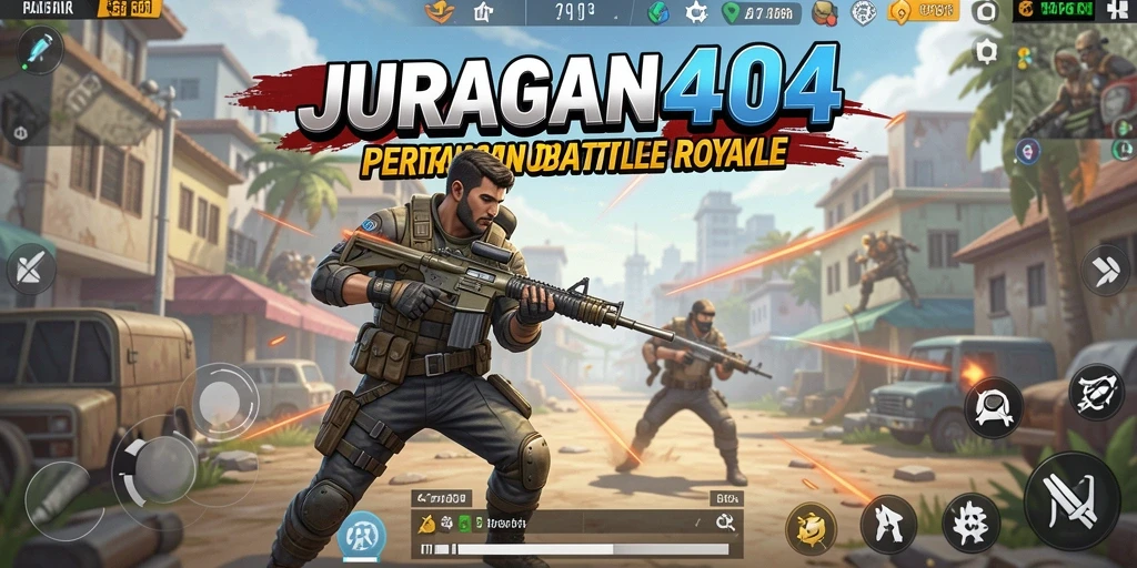 Screenshot utama menampilkan gameplay seru di JURAGAN404 dalam pertempuran Battle Royale.